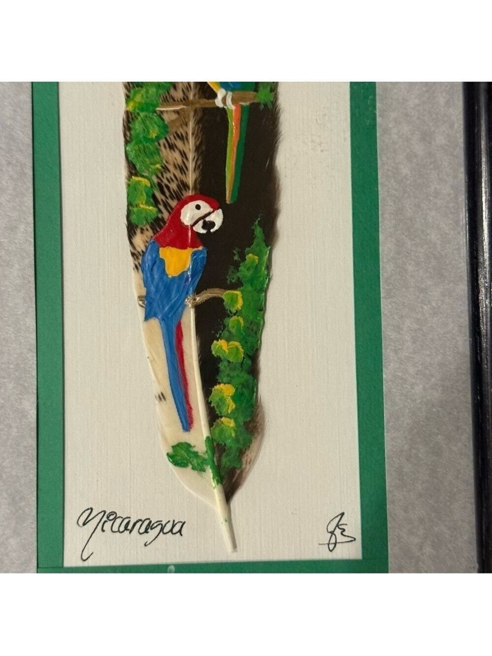 Parrots Art Painting on Feather Artwork Framed Nicaragua Blue Green Colorful Art - Picture 6 of 12